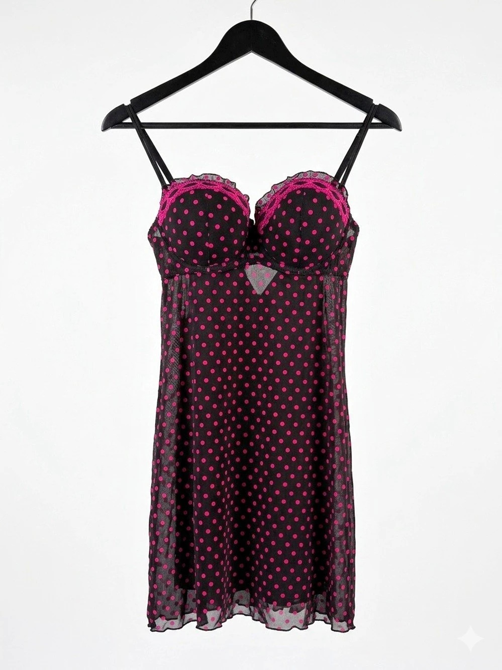 La Vie En Rose Vintage Y2K Hot Pink Polka Dot Mesh Babydoll Lingerie Slip Dress